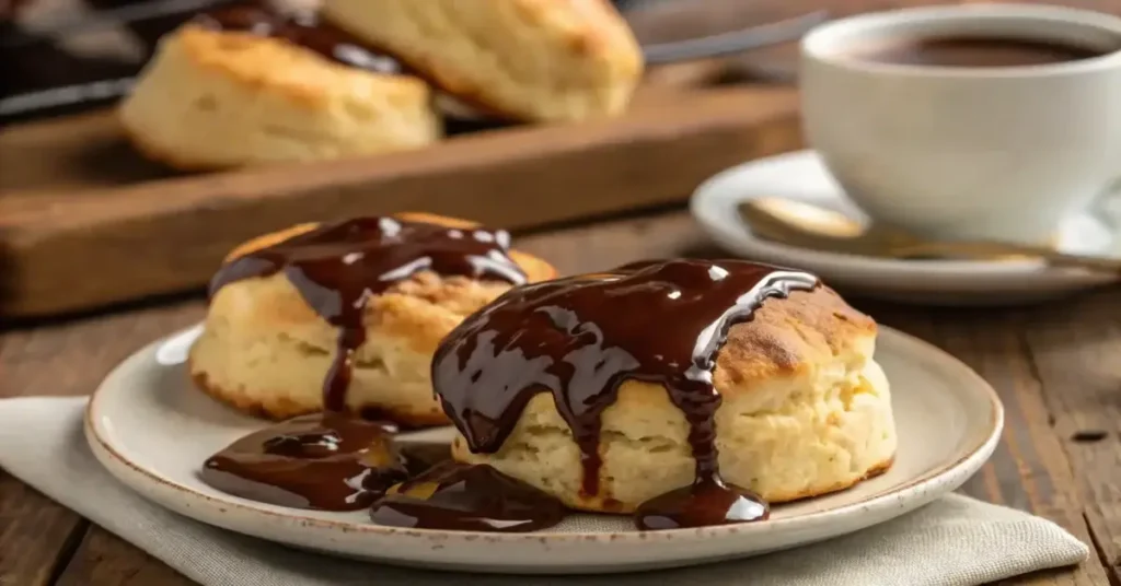 A plate of golden, flaky biscuits topped with rich, creamy chocolate gravy, served on a rustic wooden table with a bowl of extra gravy, a butter knife, and a cup of coffee nearby.