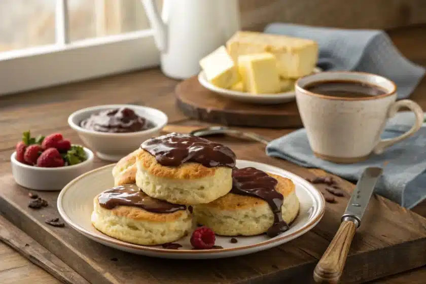 A plate of golden, flaky biscuits topped with rich, creamy chocolate gravy, served on a rustic wooden table with a bowl of extra gravy, a butter knife, and a cup of coffee nearby.