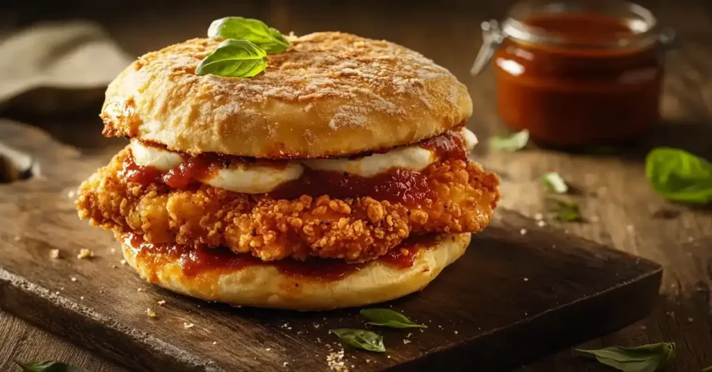 Chicken parm sandwich with marinara sauce, melted mozzarella, and fresh basil on a wooden board, served with garlic parmesan fries and Caprese salad