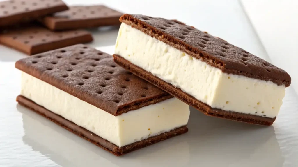 A classic ice cream sandwich showing what is in the middle of an ice cream sandwich?