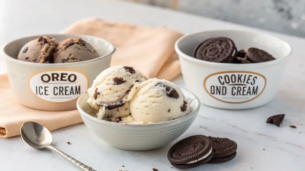 A bowl of creamy cookies and cream ice cream beside Oreo ice cream, illustrating what is the difference between Oreo ice cream and cookies and cream ice cream?