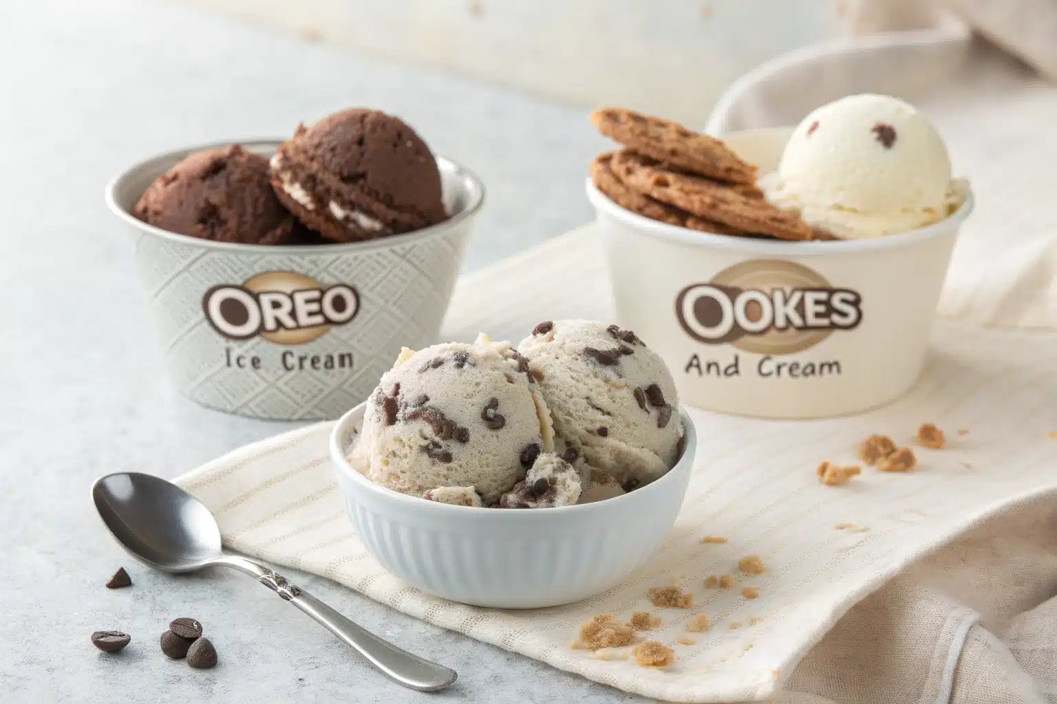 A bowl of creamy cookies and cream ice cream beside Oreo ice cream, illustrating what is the difference between Oreo ice cream and cookies and cream ice cream?