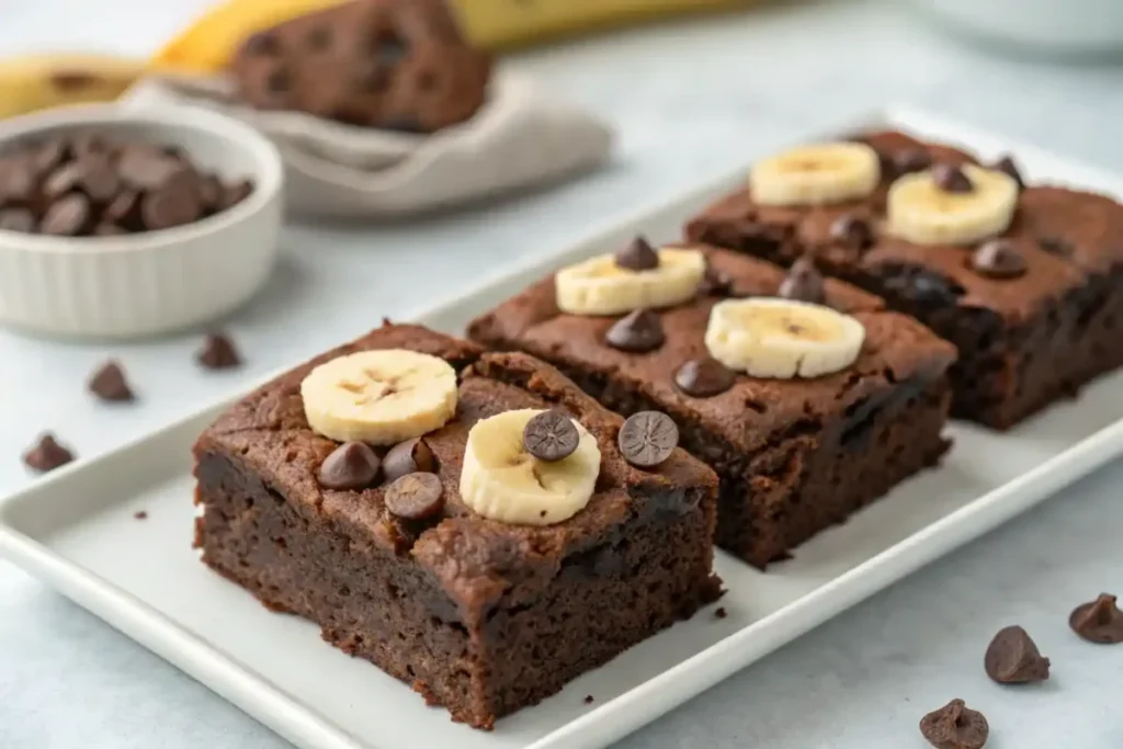 Banana brownies cut into squares, topped with chocolate chips and served on a white plate.