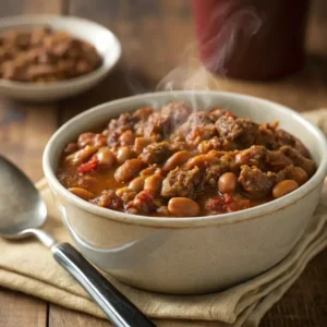 Hearty baked beans with ground beef simmering in a pot