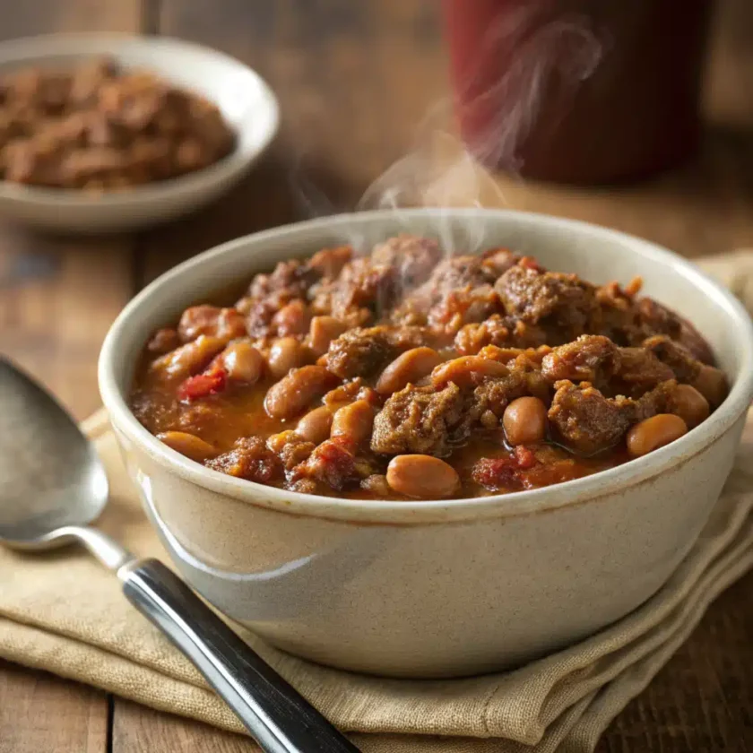 Hearty baked beans with ground beef simmering in a pot