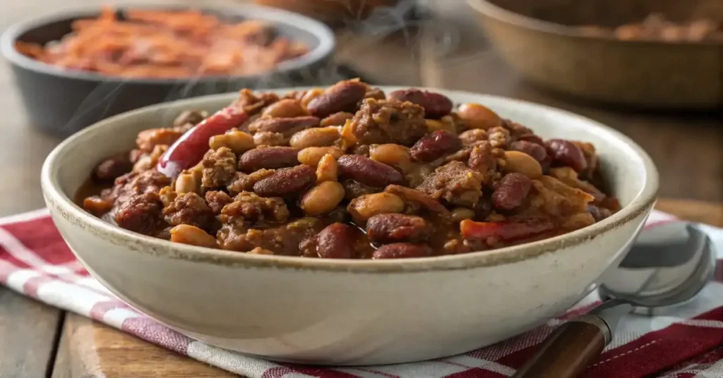 Hearty baked beans with ground beef simmering in a pot