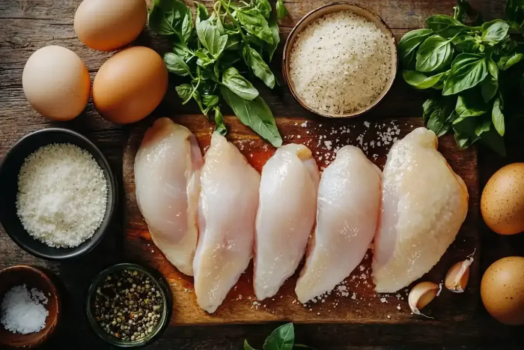 Fresh ingredients for baked chicken cutlets including raw chicken, breadcrumbs, eggs, and spices