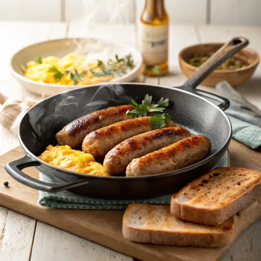 Juicy beef breakfast sausages sizzling in a skillet