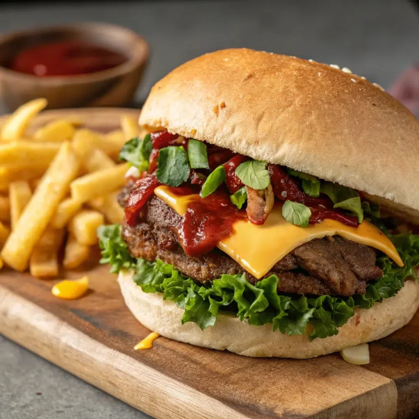 A close-up shot of a delicious beef brisket sandwich with various toppings on a wooden surface.