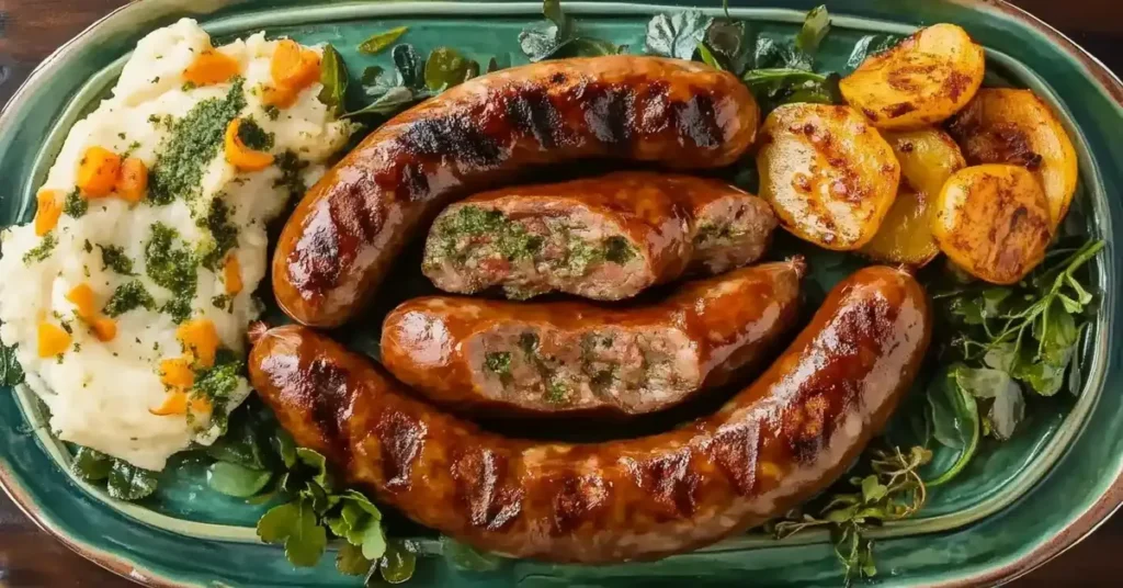 Delicious beef sausage recipes on a wooden table