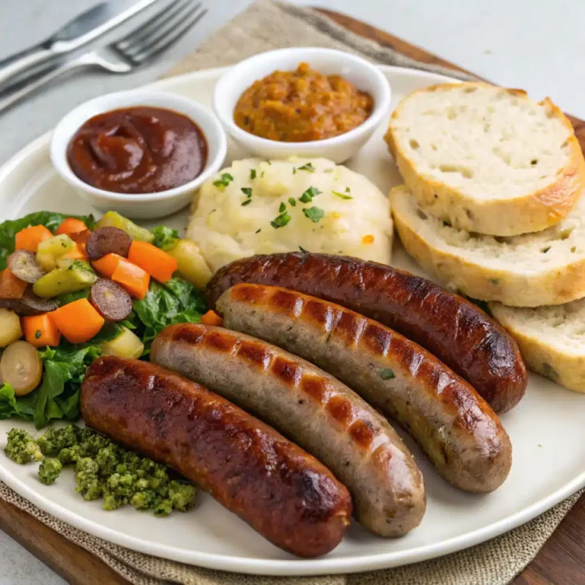 Delicious beef sausage recipes on a wooden table