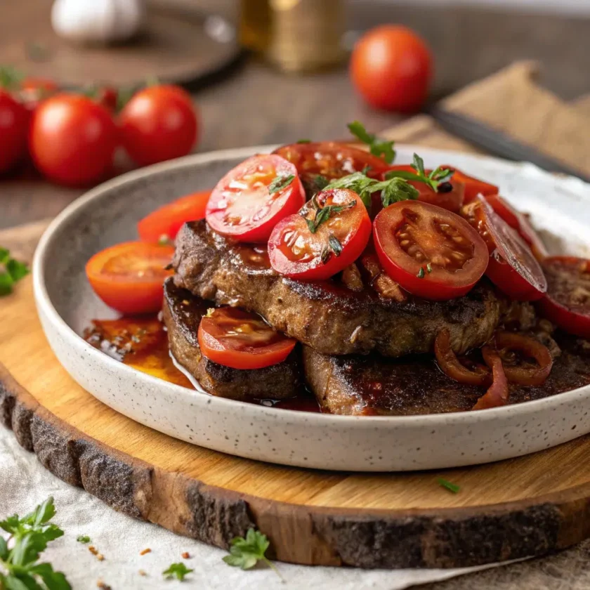 Freshly sliced beef tomato on a cutting board with herbs