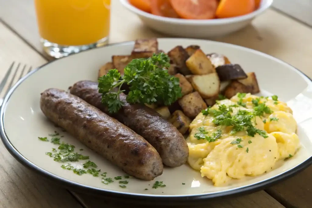 A plate of beef breakfast sausages with eggs and potatoes