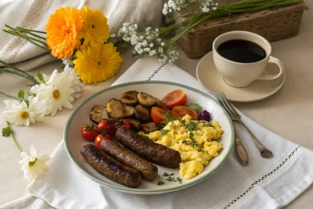 A complete breakfast spread with beef sausages, eggs, and vegetables.