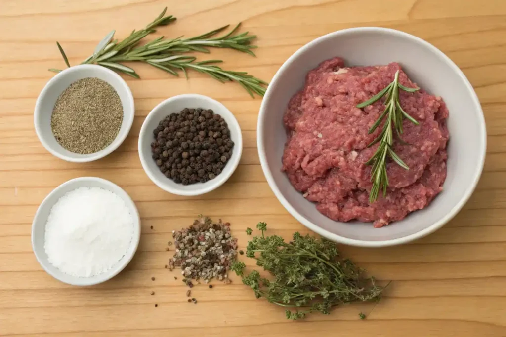 Ingredients for making beef breakfast sausage, including ground beef and spices