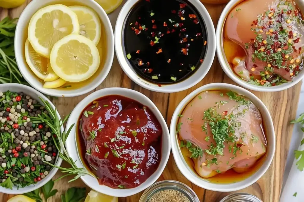 Assorted marinades in bowls next to raw chicken thighs