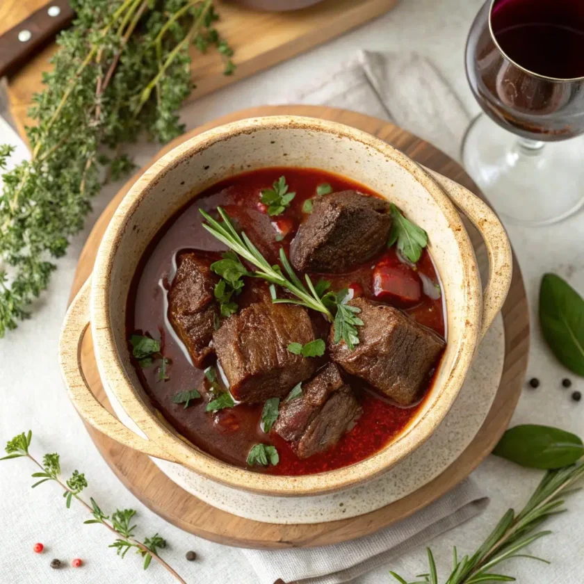 Braised beef cheeks in a red wine sauce, ready to be served