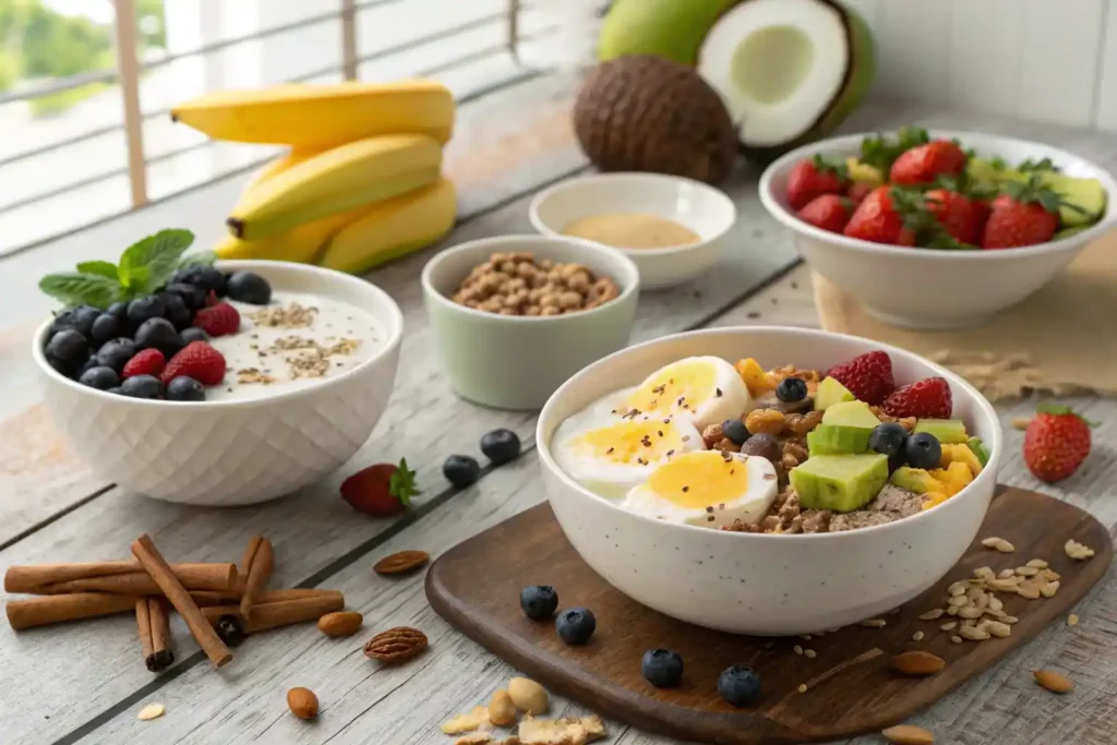 A variety of delicious and nutritious breakfast bowl recipes, including berry, savory, and tropical options, served on a rustic wooden table with fresh ingredients