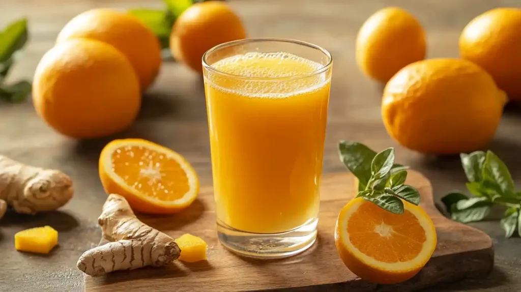 A glass of energizing shot with citrus, ginger, and turmeric, placed on a table with fresh ingredients around