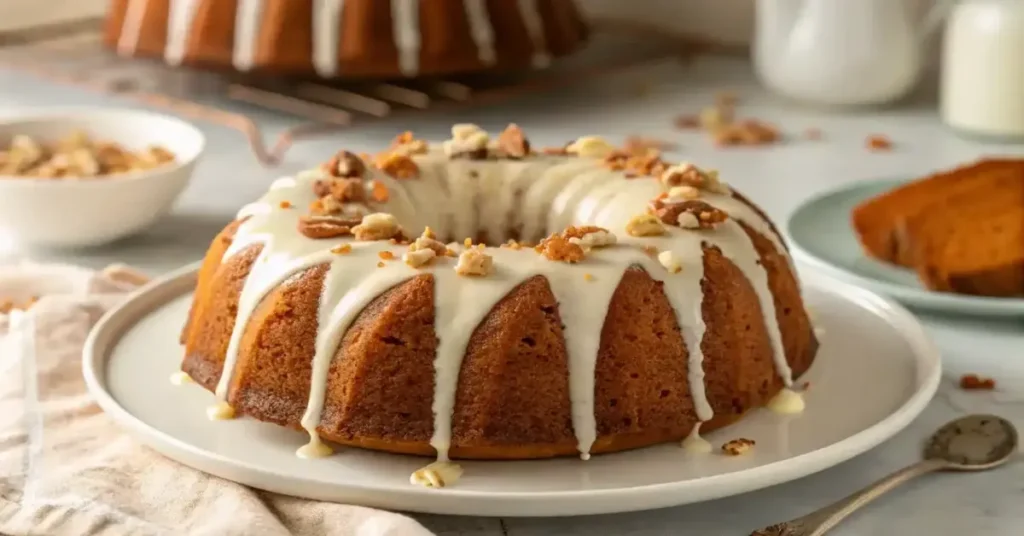 A moist carrot bundt cake with cream cheese glaze on a serving plate