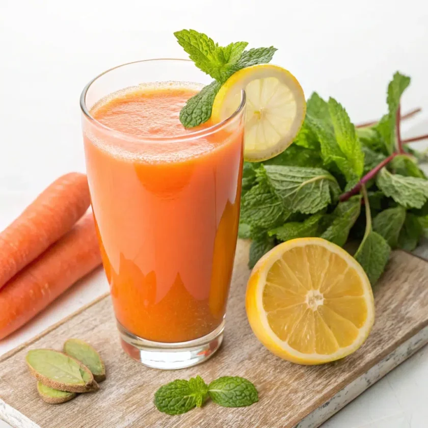 A glass of freshly made carrot juice with carrots and lemon