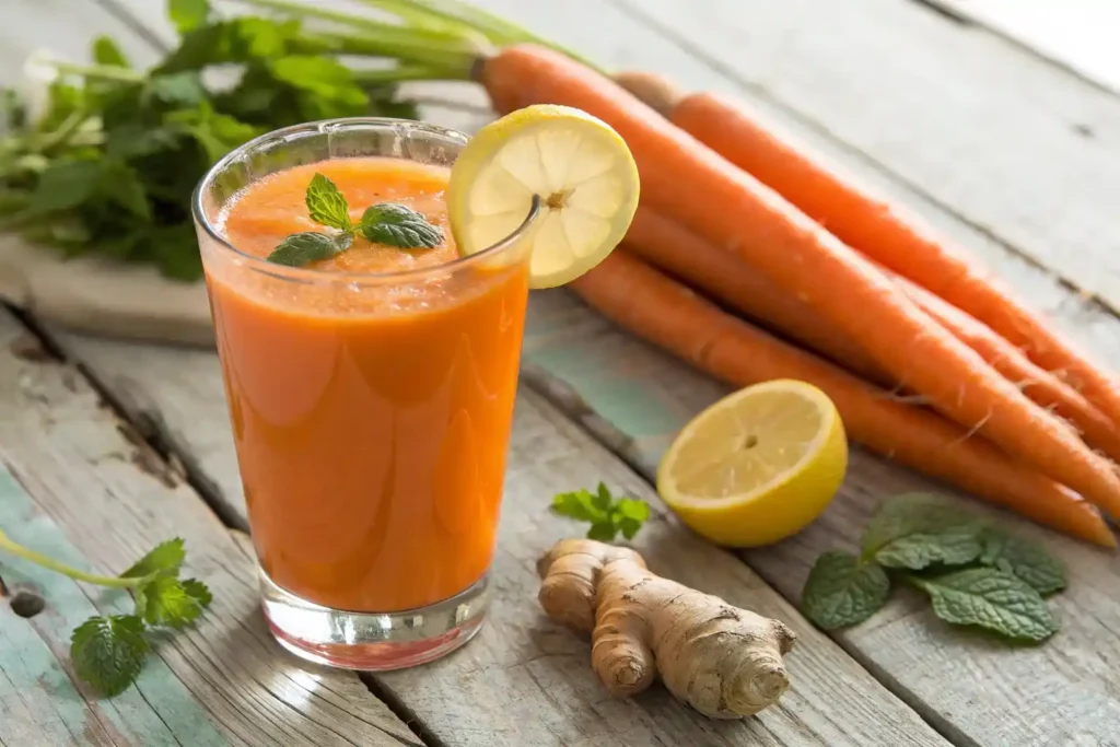 A refreshing glass of carrot juice with a slice of lemon and fresh mint