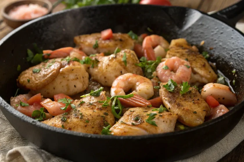 Chicken and shrimp cooking together in a skillet, seasoned with fresh herbs