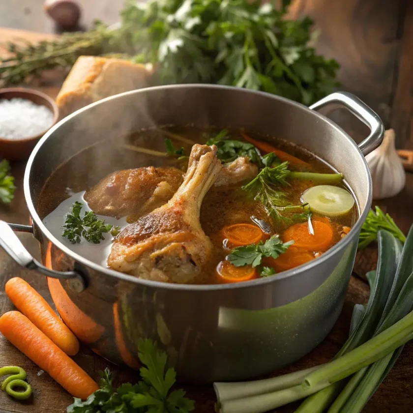 A steaming pot of chicken bone broth recipes with roasted bones and fresh herbs