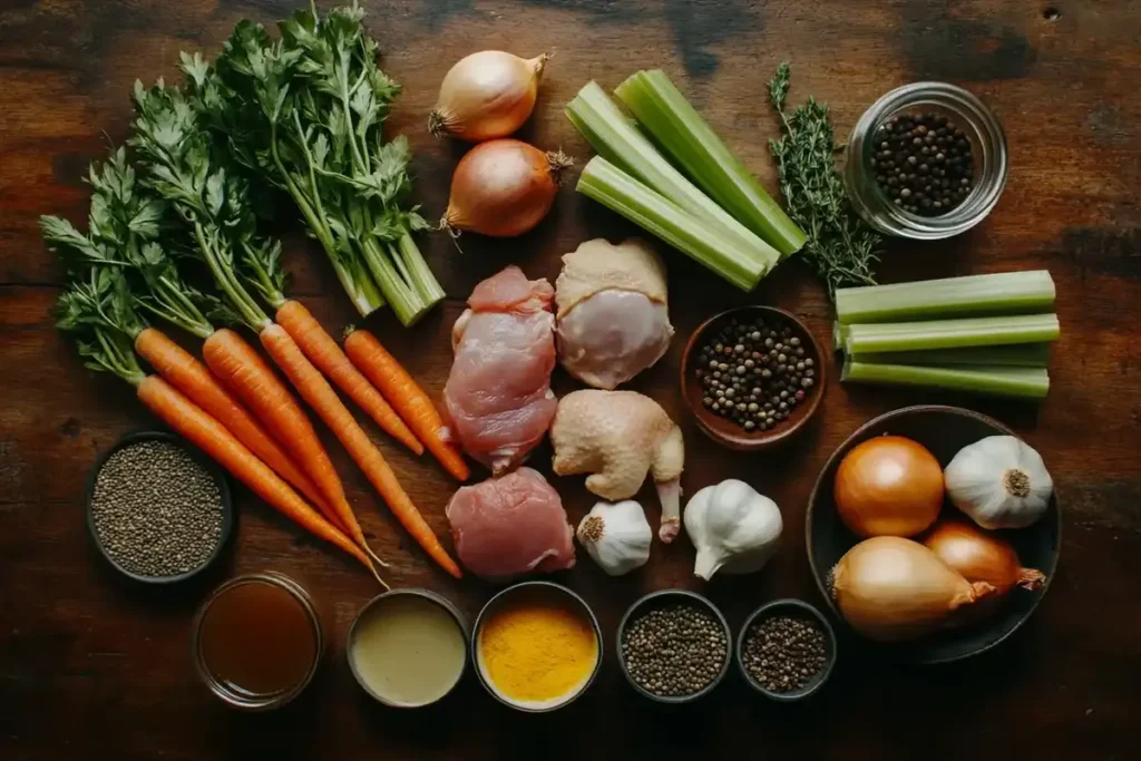 Fresh ingredients for homemade chicken bone broth, including bones, vegetables, and herbs.