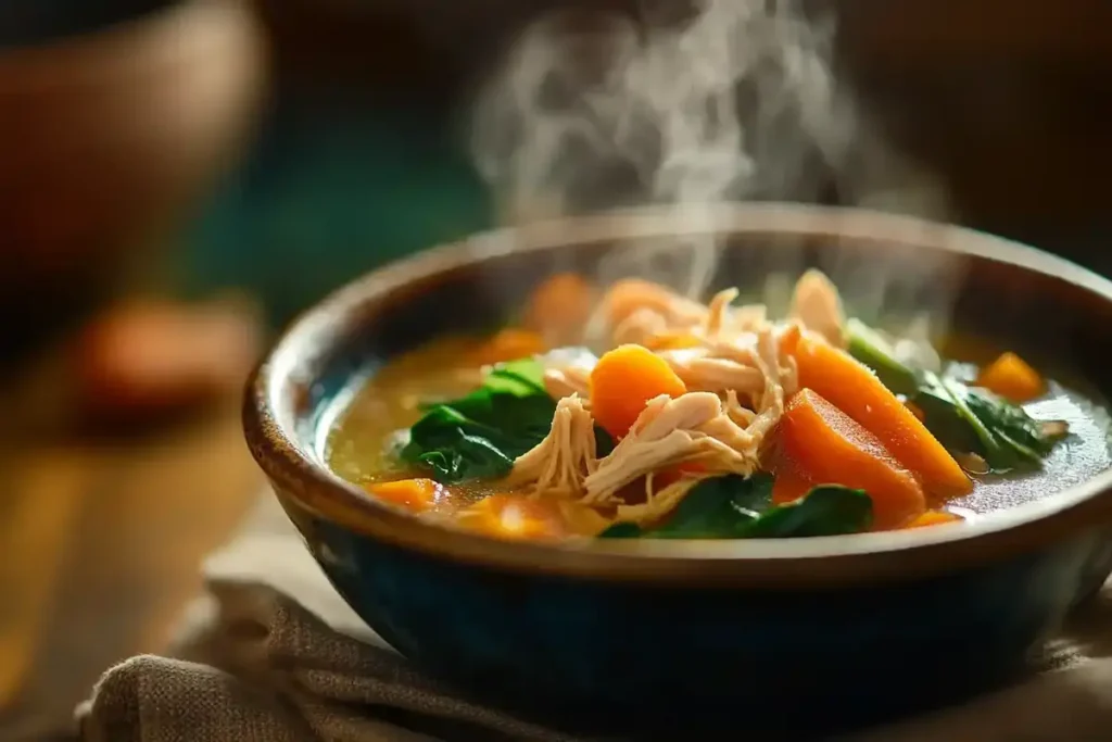 A steaming bowl of homemade chicken and vegetable soup made with bone broth