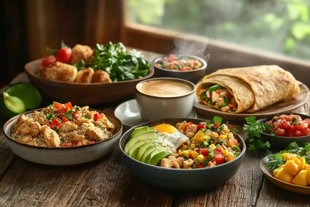 A variety of delicious and nutritious chicken breakfast recipes, including a chicken and egg breakfast bowl, a veggie omelette, and a chicken breakfast wrap, served with fresh fruit and coffee