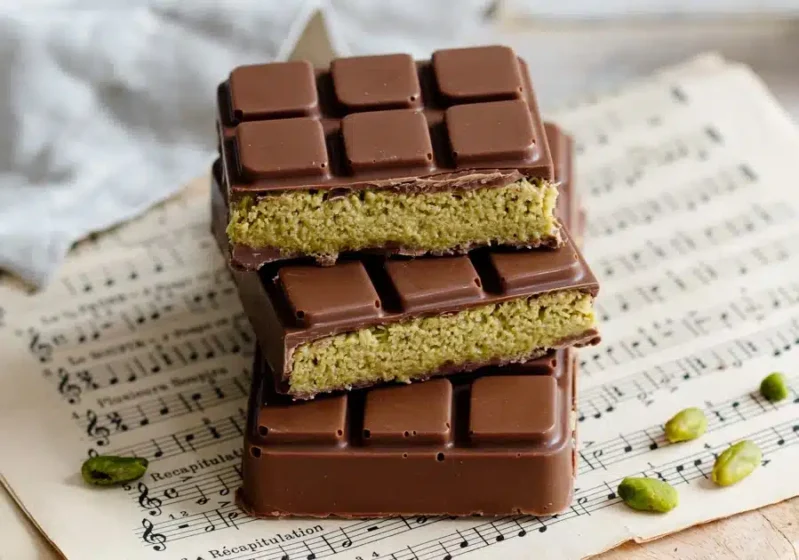 Dubai Chocolate Bar with pistachios and dates on parchment paper