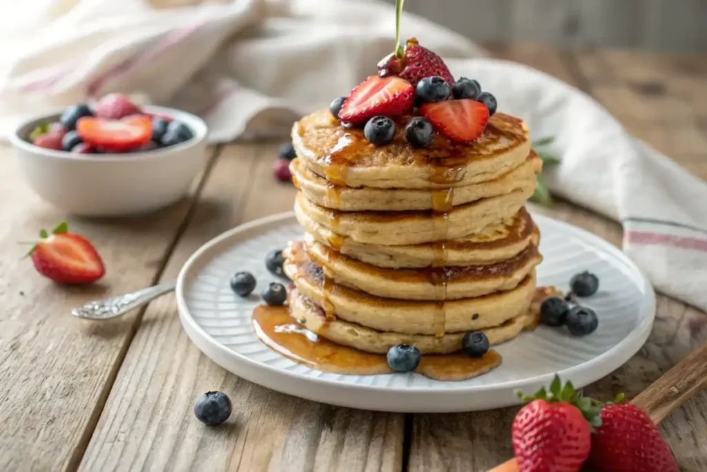 Stack of golden chocolate chip pancakes drizzled with maple syrup and fresh berries on a white plate