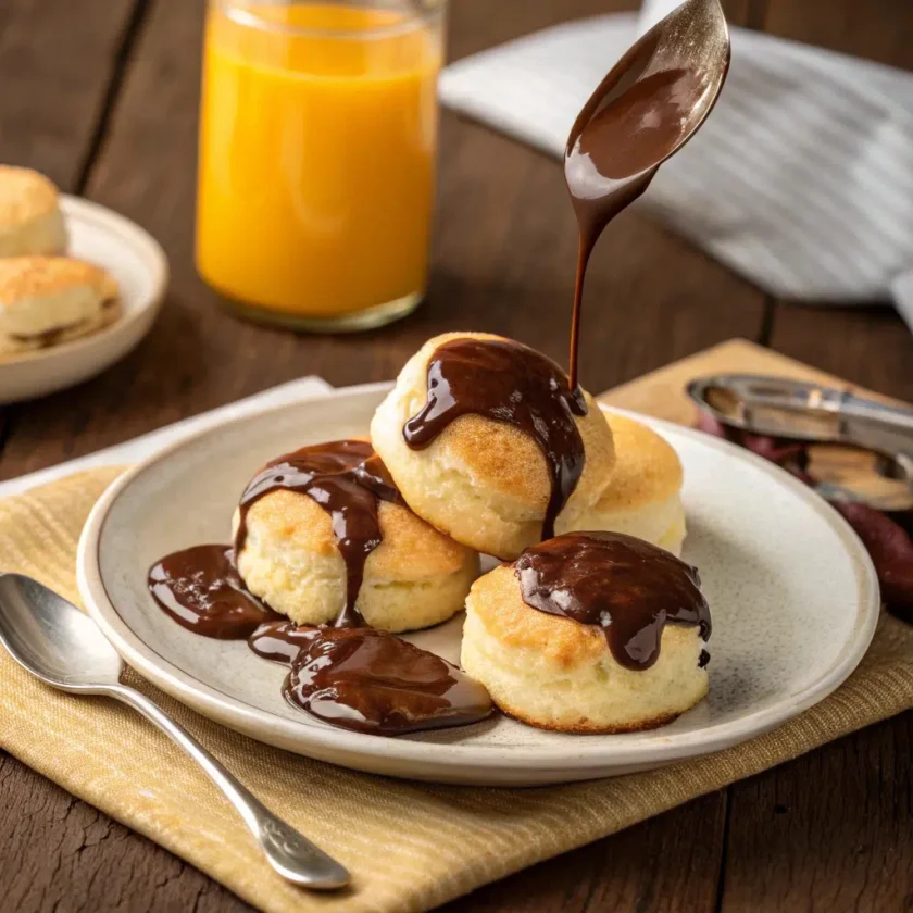 A plate of warm biscuits covered in rich chocolate gravy.