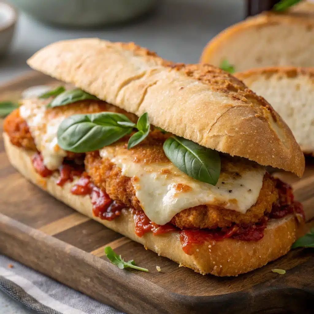 Chicken parm sandwich with marinara sauce, melted mozzarella, and fresh basil on a wooden board, served with garlic parmesan fries and Caprese salad