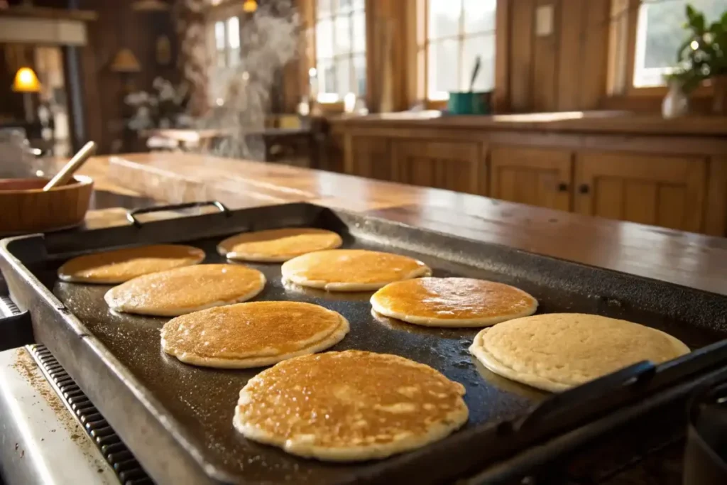 Golden pancakes cooking on a griddle with bubbles forming on the surface