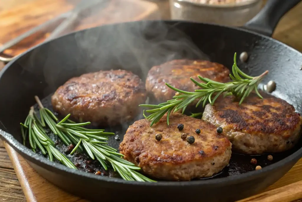 Cooking beef breakfast sausages in a skillet with rosemary garnish