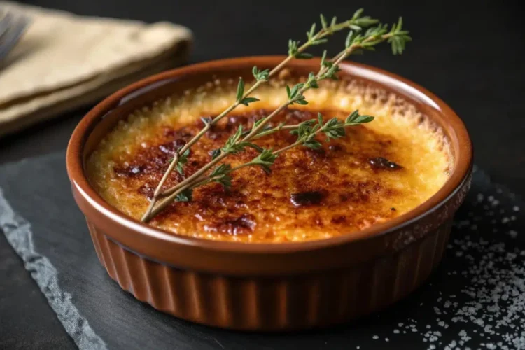 Crab brulee with caramelized sugar crust and fresh herbs.