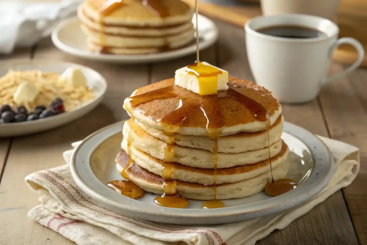 A stack of fluffy Cracker Barrel-style pancakes with butter and syrup on a breakfast table