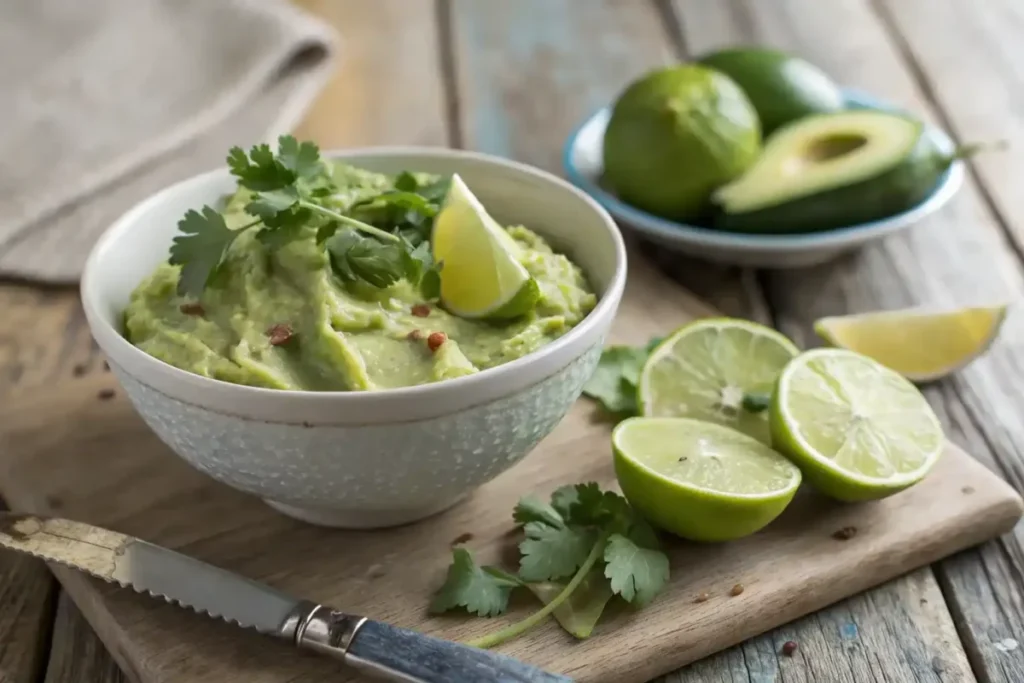 Bowl of creamy avocado spread garnished with lime slices and herbs