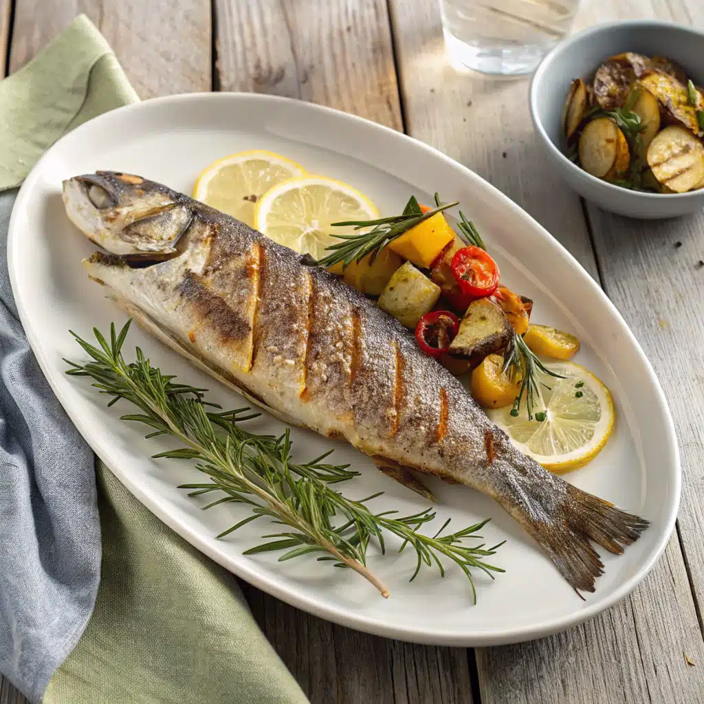 Freshly cooked branzino served with lemon and herbs