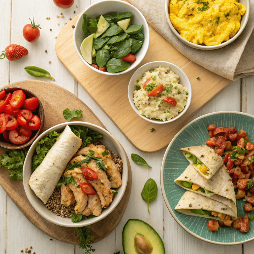 Colorful chicken breakfast recipes with eggs and vegetables