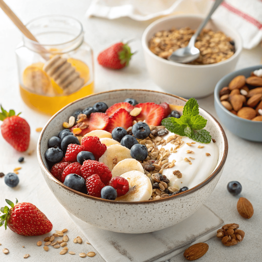 Colorful breakfast bowl recipe with fruits and nuts