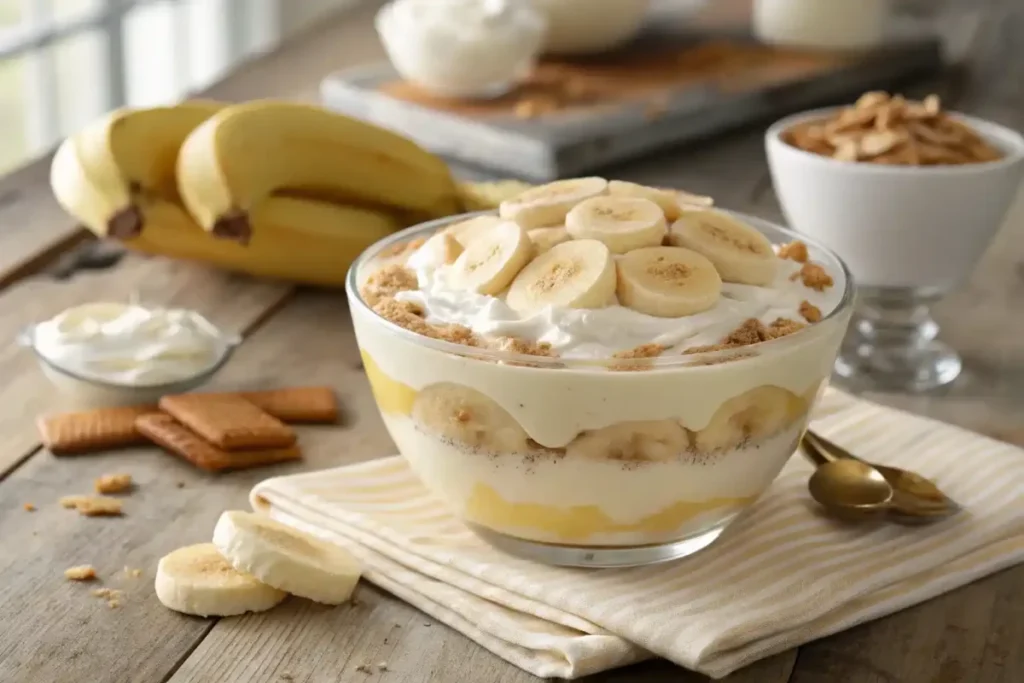 A bowl of layered banana pudding topped with whipped cream, fresh bananas, and crushed vanilla wafers