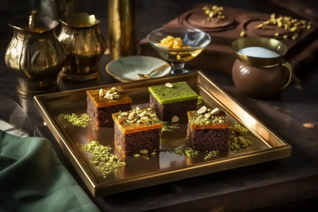 Elegant squares of Dubai Chocolate Bar, garnished with pistachios, sea salt, and gold leaf, served with mint tea