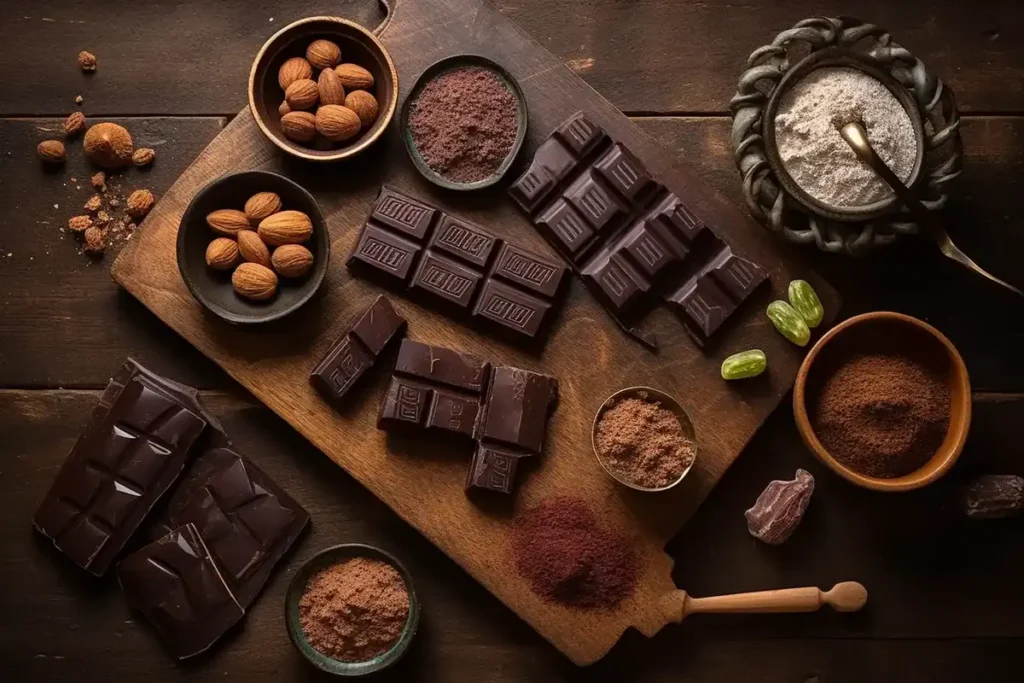 Ingredients for the Dubai Chocolate Bar, including dark chocolate, pistachios, dates, cardamom, and sea salt.