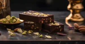 Dubai Chocolate Bar with pistachios and dates on parchment paper