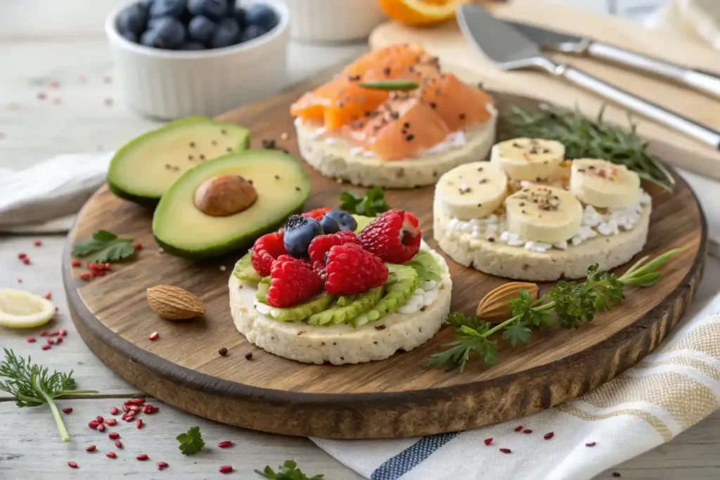 Plate of rice cakes with assorted toppings: avocado, berries, banana, and smoked salmon.