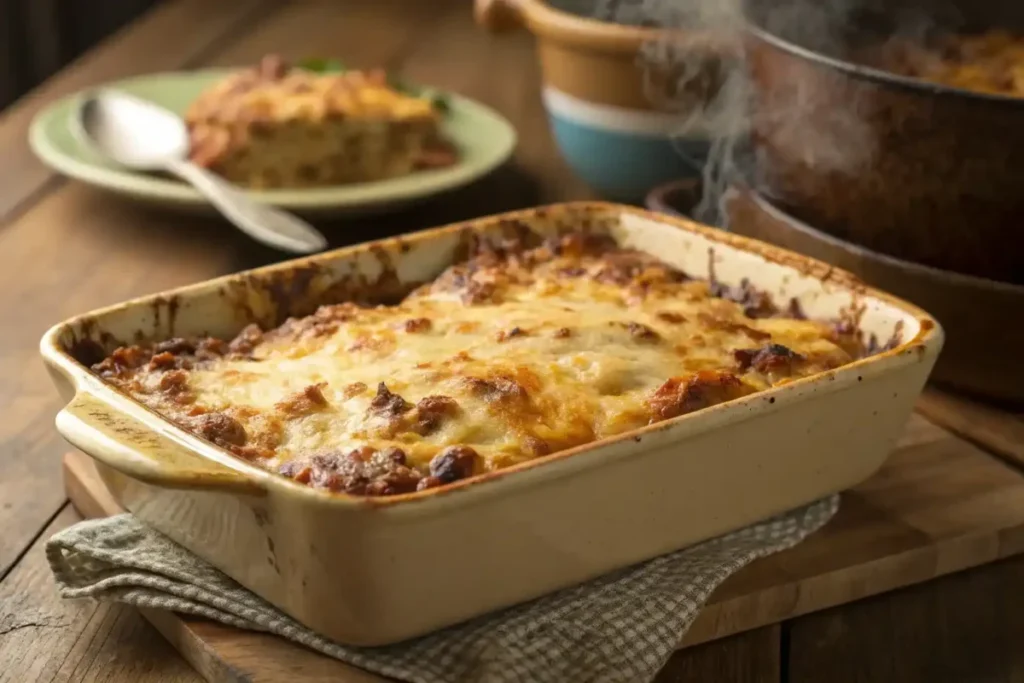 A golden-brown ground turkey casserole with melted cheese on top, fresh out of the oven