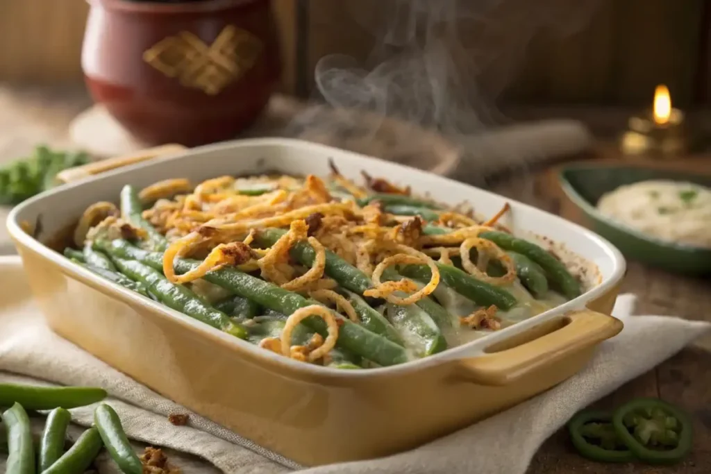 A freshly baked green bean casserole topped with crispy fried onions, placed on a kitchen counter with fresh ingredients nearby